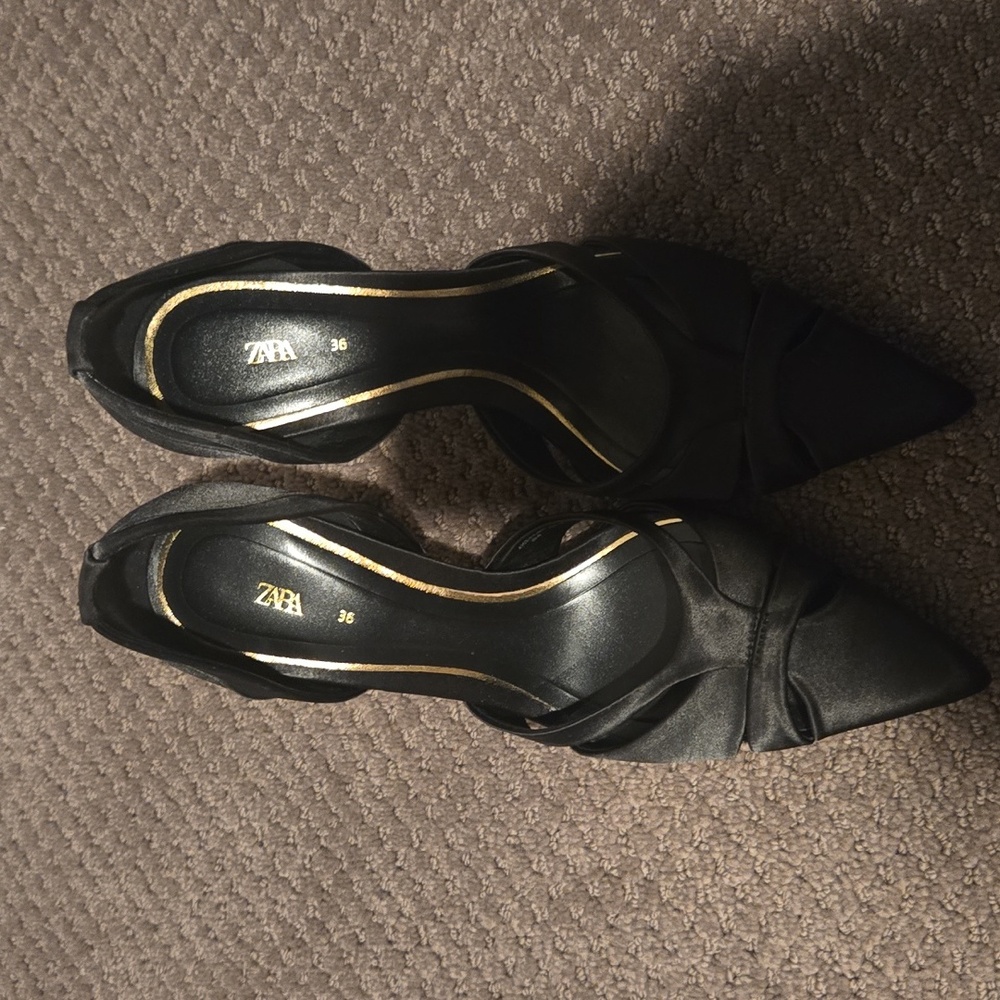 Zara Elegant Black and Gold Satin Women's Heels - Picture 2 of 7